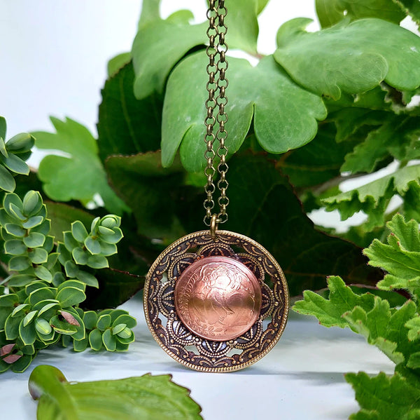 Domed Two Way Garden Circle Pendant with Two Cent Coin